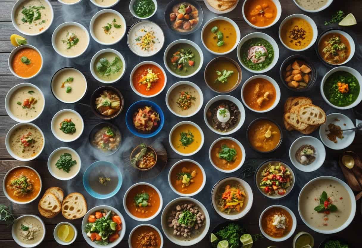 A table filled with a variety of soups in different bowls, showcasing diverse ingredients and colors from around the world.