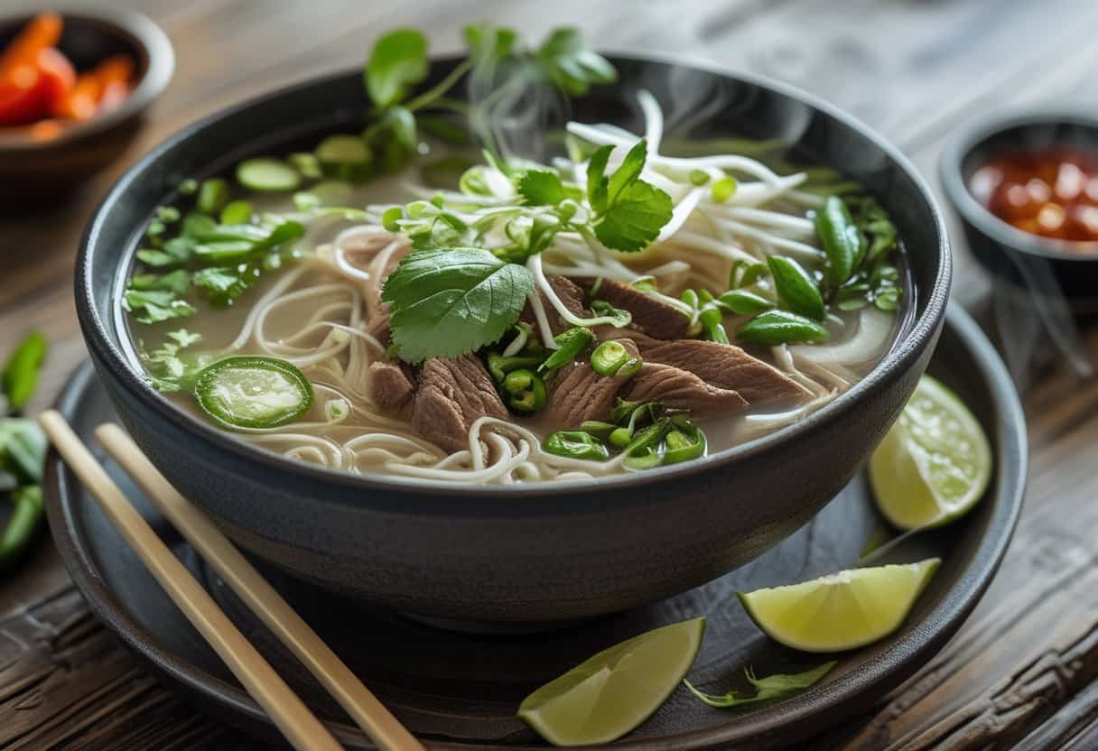 A bowl of Vietnamese Pho soup with beef, noodles, herbs, lime, and chili peppers on a wooden table with chopsticks and dipping sauces.
