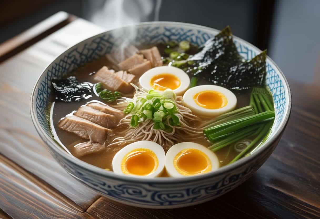 A bowl of Japanese ramen with noodles, sliced pork, soft boiled eggs, green onions, bamboo shoots, and seaweed on a wooden table.