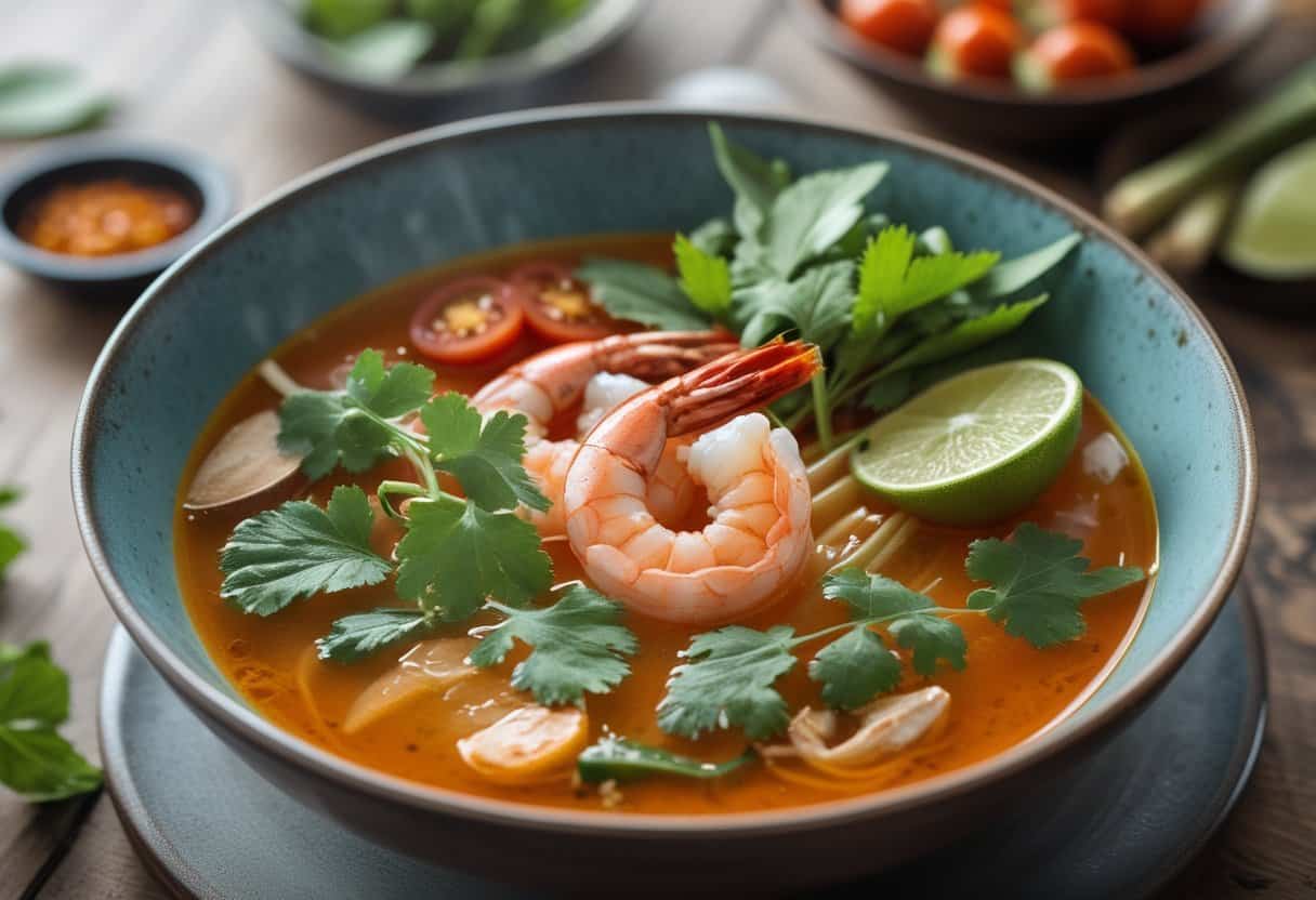 A bowl of Tom Yum Goong soup with shrimp, mushrooms, herbs, and lime on a wooden table.