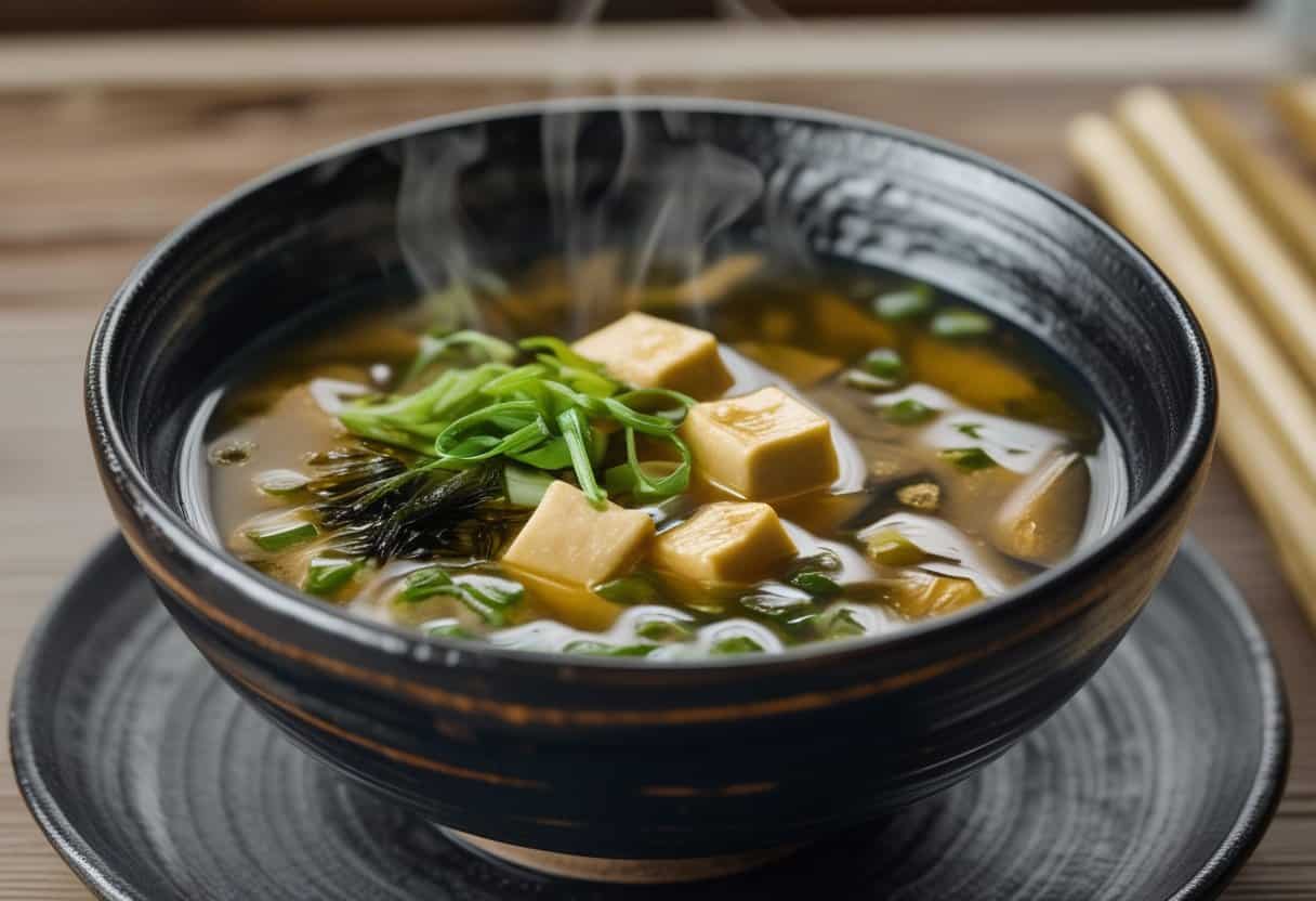 A bowl of steaming miso soup with tofu, seaweed, and green onions on a wooden table with chopsticks nearby.