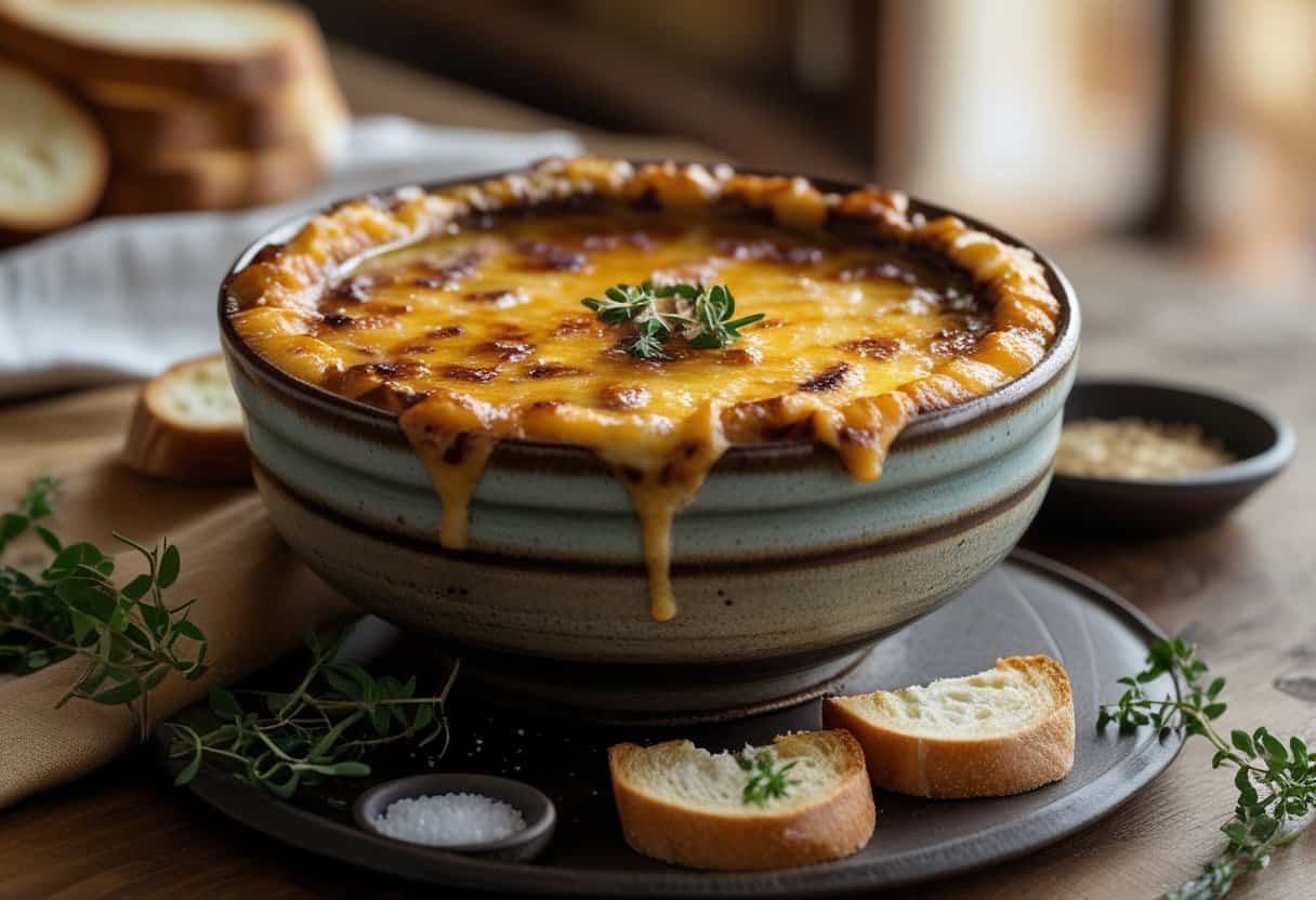 A bowl of French onion soup topped with melted cheese and toasted bread on a wooden table.