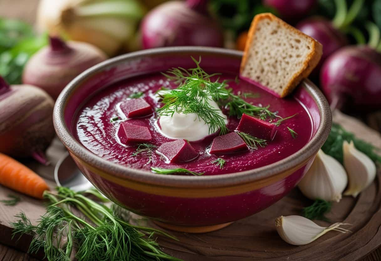 A bowl of bright red borscht soup with sour cream and dill, accompanied by rye bread and fresh vegetables on a wooden table.