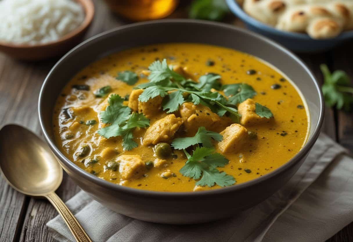 A bowl of Mulligatawny soup garnished with cilantro, placed on a wooden table with naan bread and rice in the background.