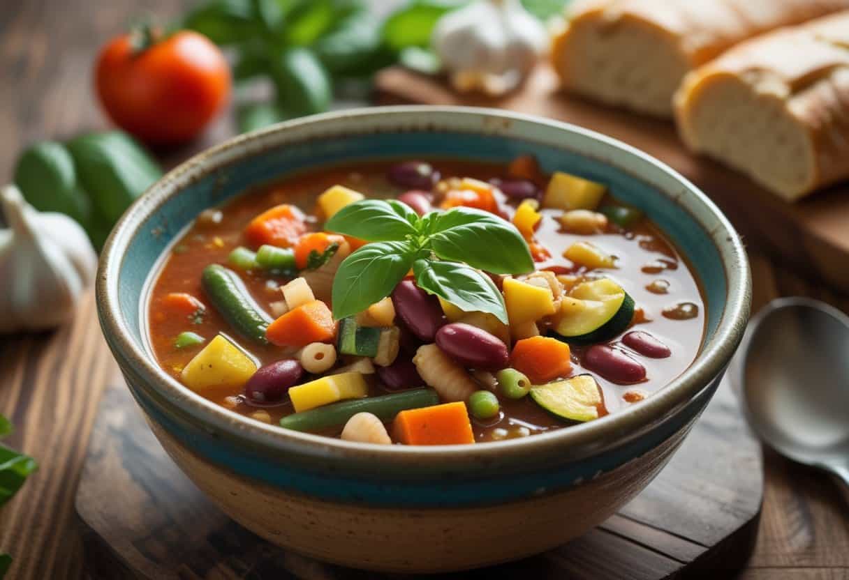 A bowl of colorful Italian minestrone soup with vegetables and pasta on a wooden table, surrounded by fresh ingredients and bread.