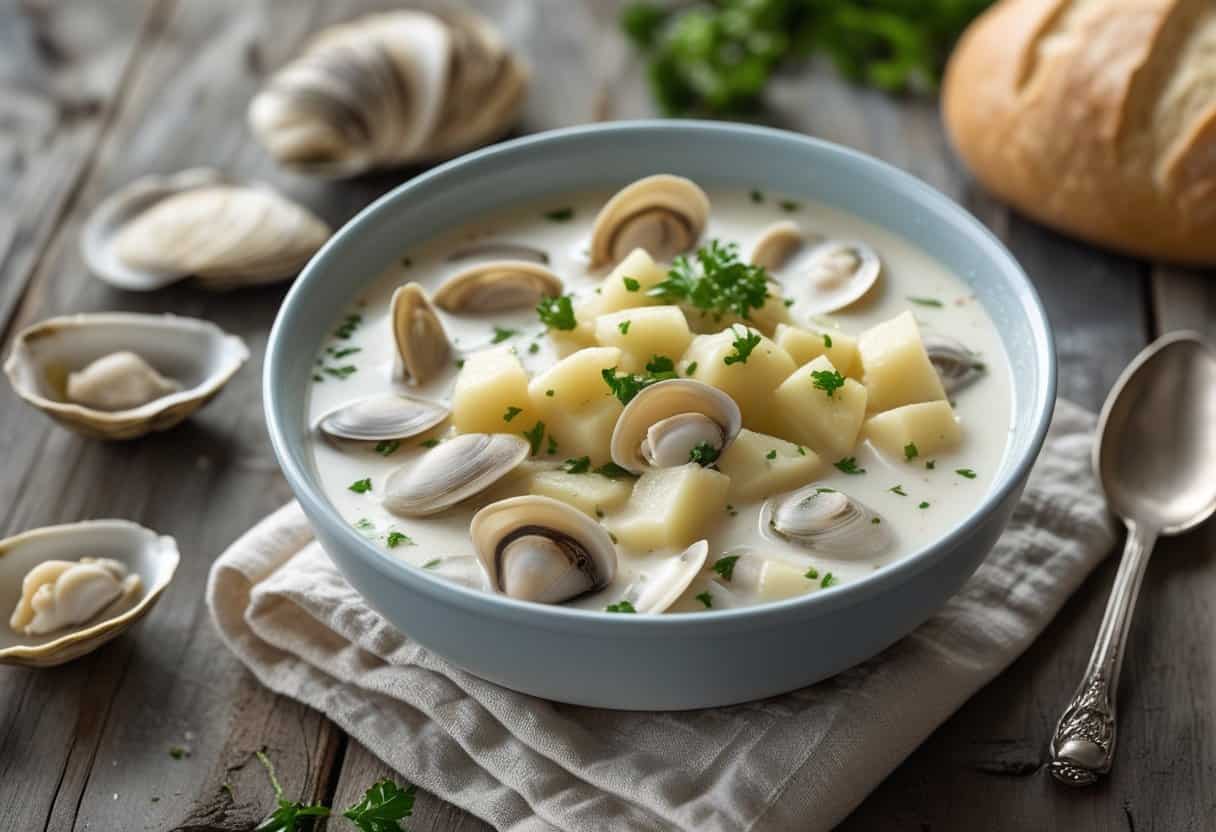 A bowl of creamy New England clam chowder with clams and potatoes on a wooden table, accompanied by bread and oyster shells.