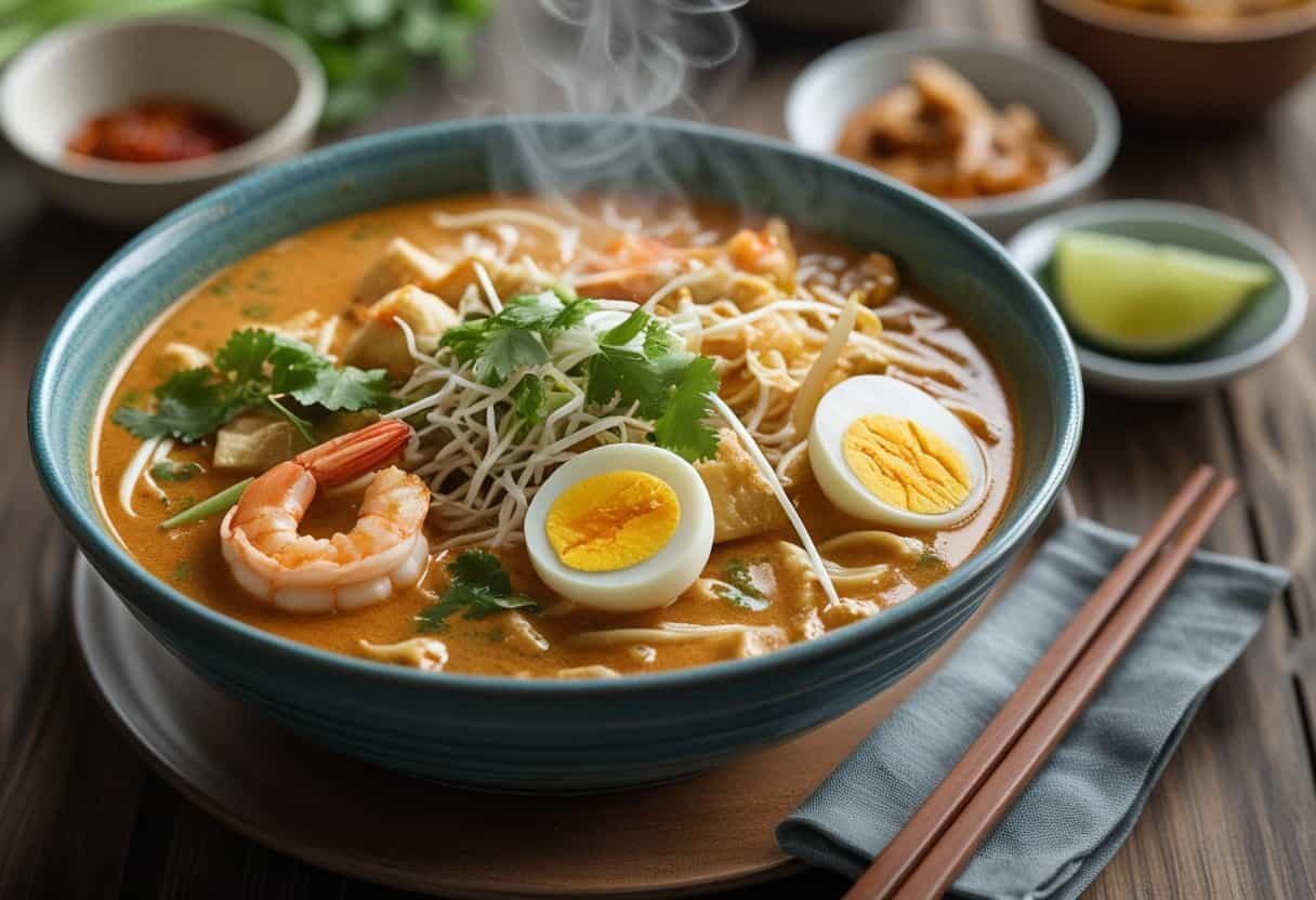 A bowl of Laksa soup with prawns, tofu, egg, noodles, and fresh herbs on a wooden table with chopsticks and lime.