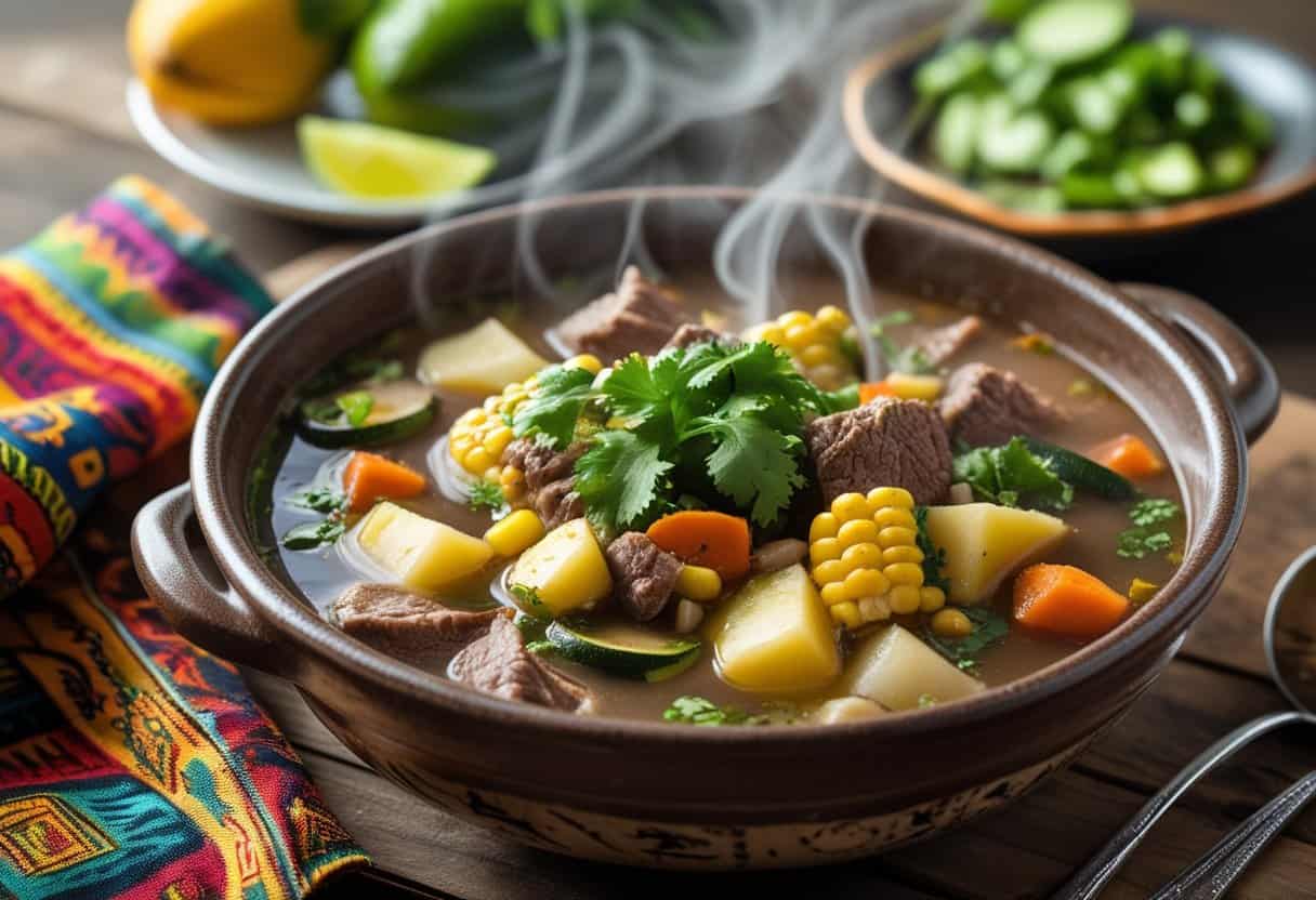 A bowl of Mexican Caldo de Res soup with beef, vegetables, and herbs on a wooden table with fresh ingredients nearby.