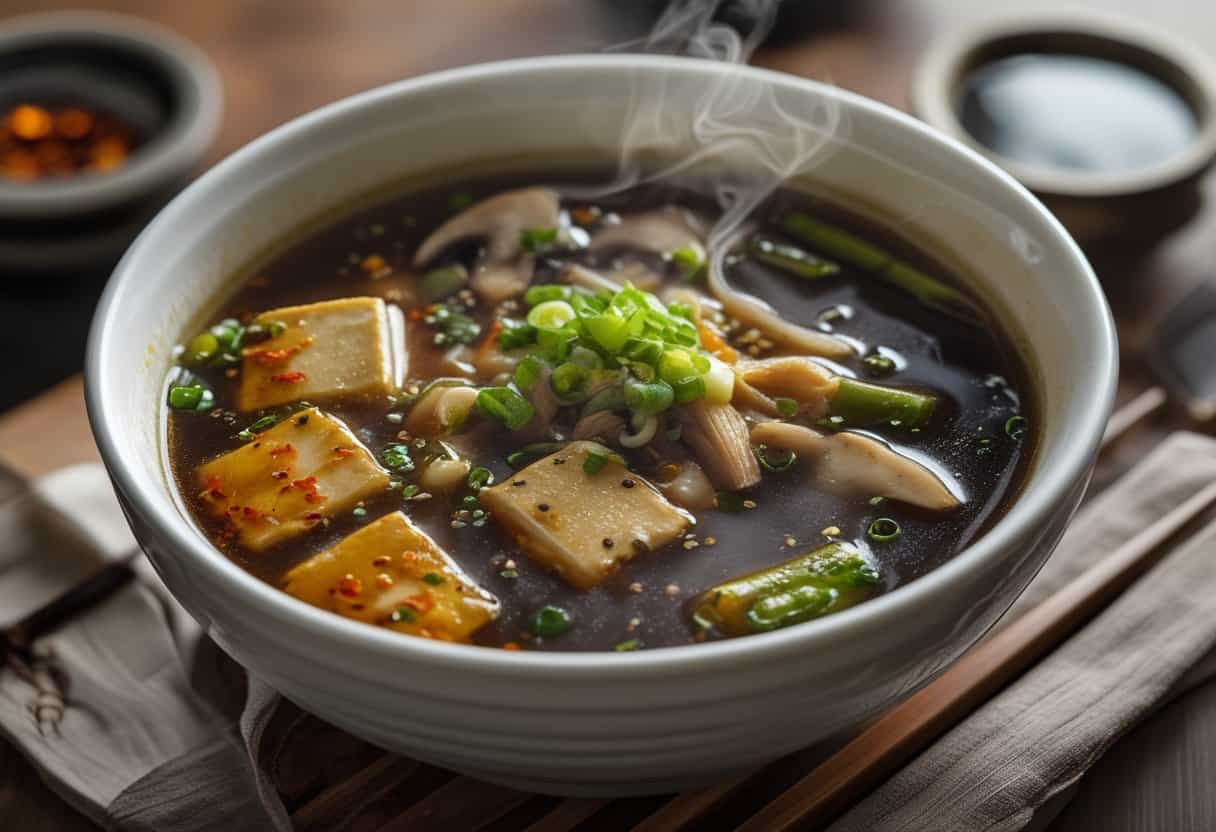 A bowl of hot and sour soup with tofu, mushrooms, and green onions on a wooden table with chopsticks nearby.