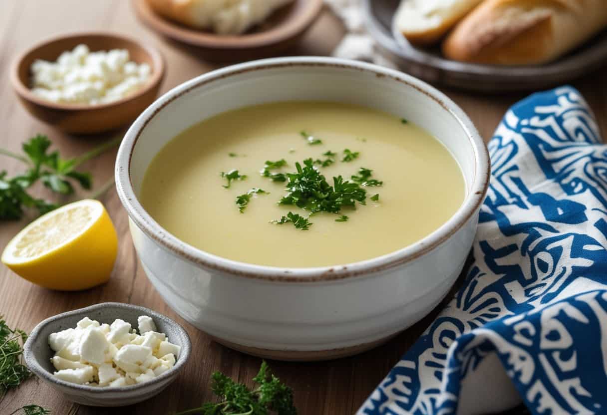 A bowl of creamy Greek Avgolemono soup garnished with parsley and lemon slices on a wooden table with bread and herbs nearby.