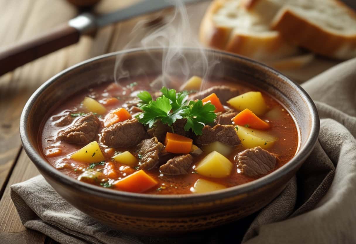 A bowl of Hungarian goulash soup with beef, vegetables, and parsley garnish on a wooden table with bread.
