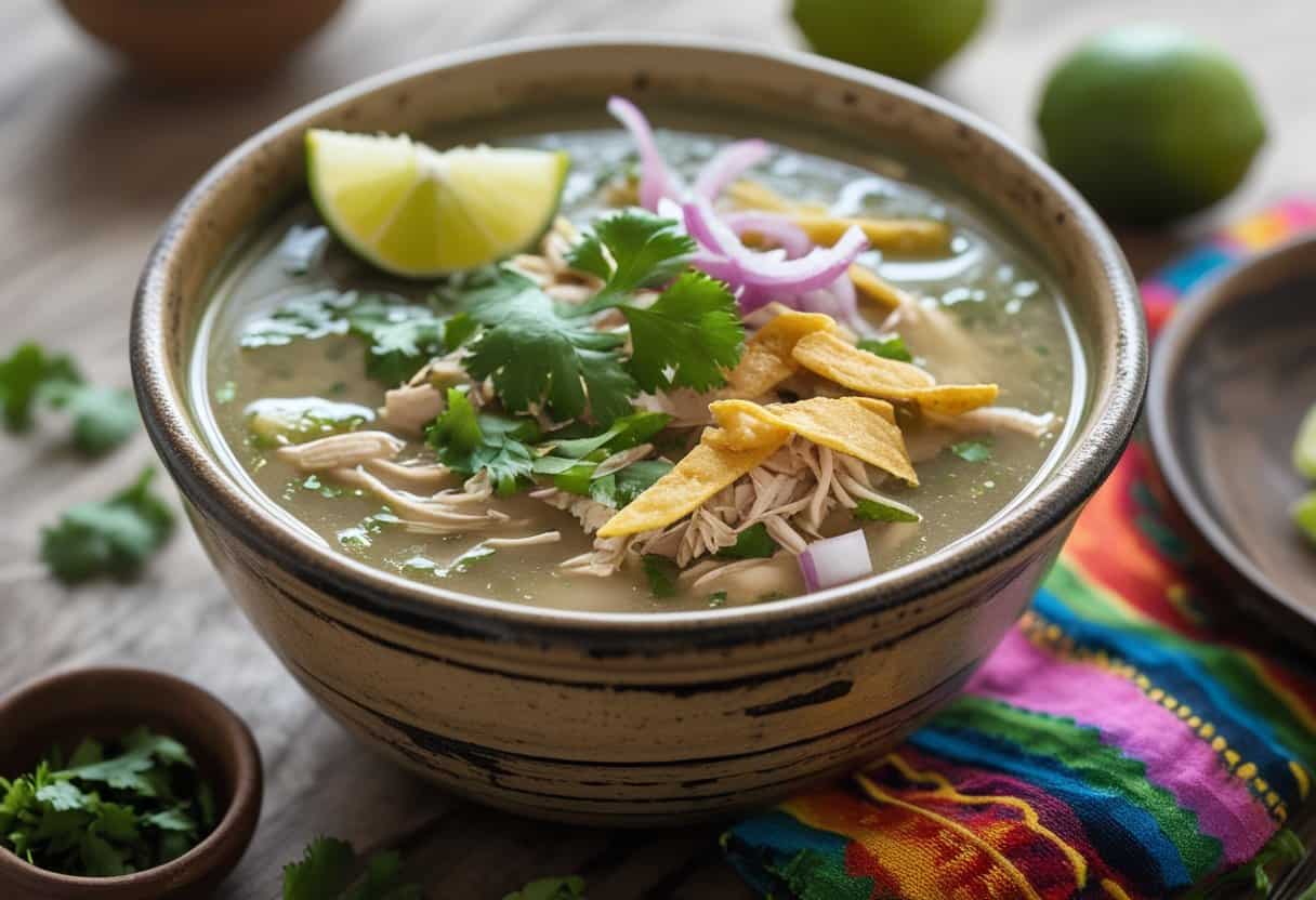 A bowl of Sopa de Lima soup with lime wedges, chicken, tortilla strips, and cilantro on a wooden table with fresh limes and a colorful napkin nearby.