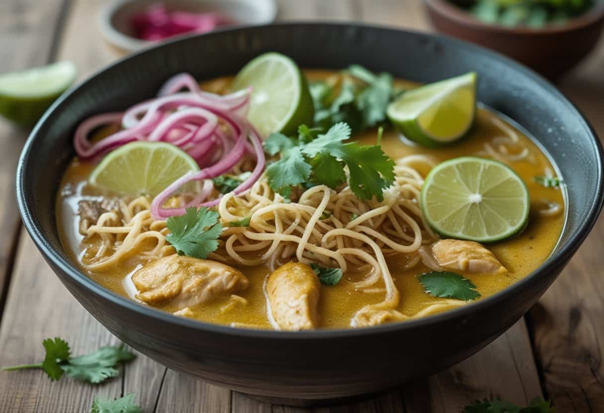 A bowl of Khao Soi, a Northern Thai coconut curry noodle soup, garnished with lime, onions, pickled greens, and cilantro on a wooden table.