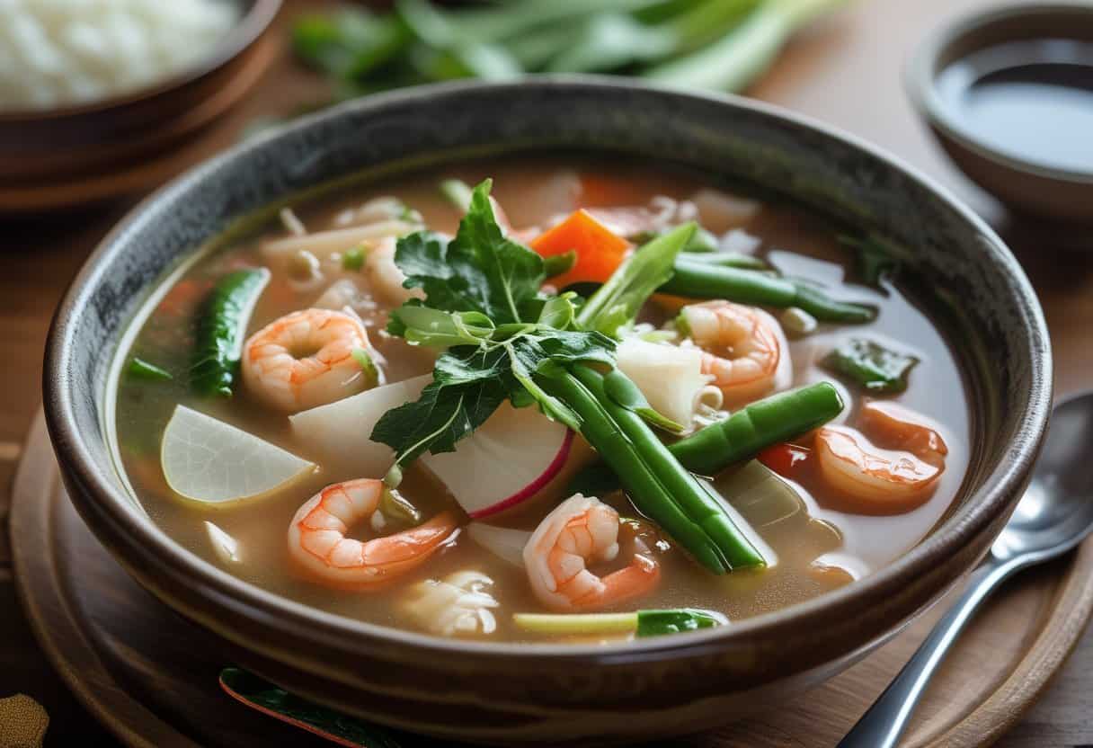A bowl of Sinigang soup with pork, shrimp, vegetables, and rice on a wooden table.