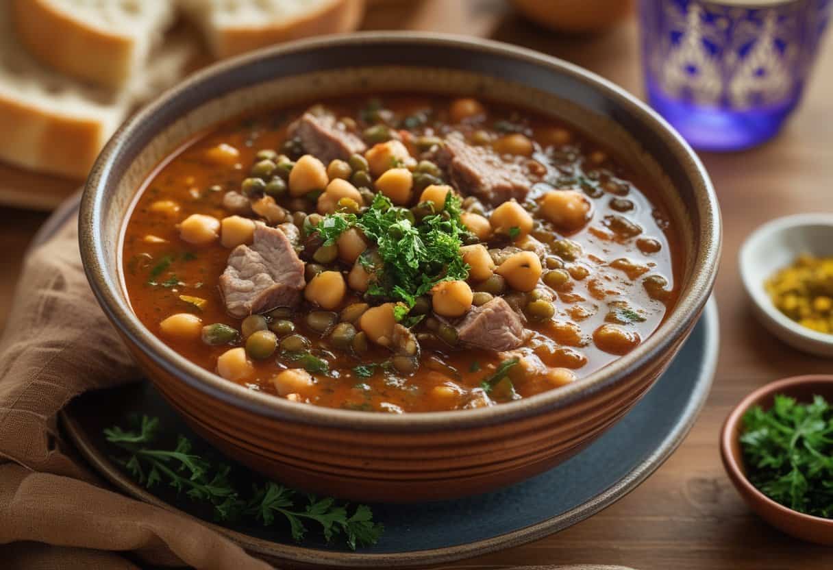 A bowl of Moroccan Harira soup with chickpeas and herbs on a wooden table, accompanied by bread and a Moroccan tea glass.