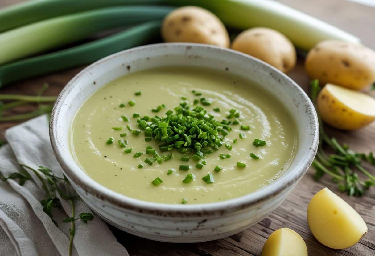 A bowl of creamy leek and potato soup garnished with chopped chives on a wooden table surrounded by fresh leeks and potatoes.
