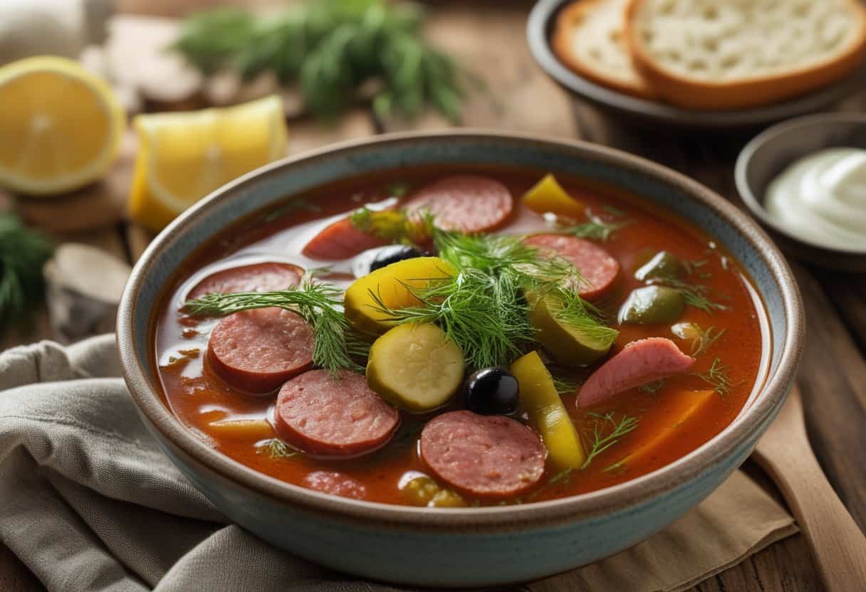 A bowl of Soljanka soup with sausage, pickles, olives, fresh herbs, lemon wedges, sour cream, and rye bread on a wooden table.