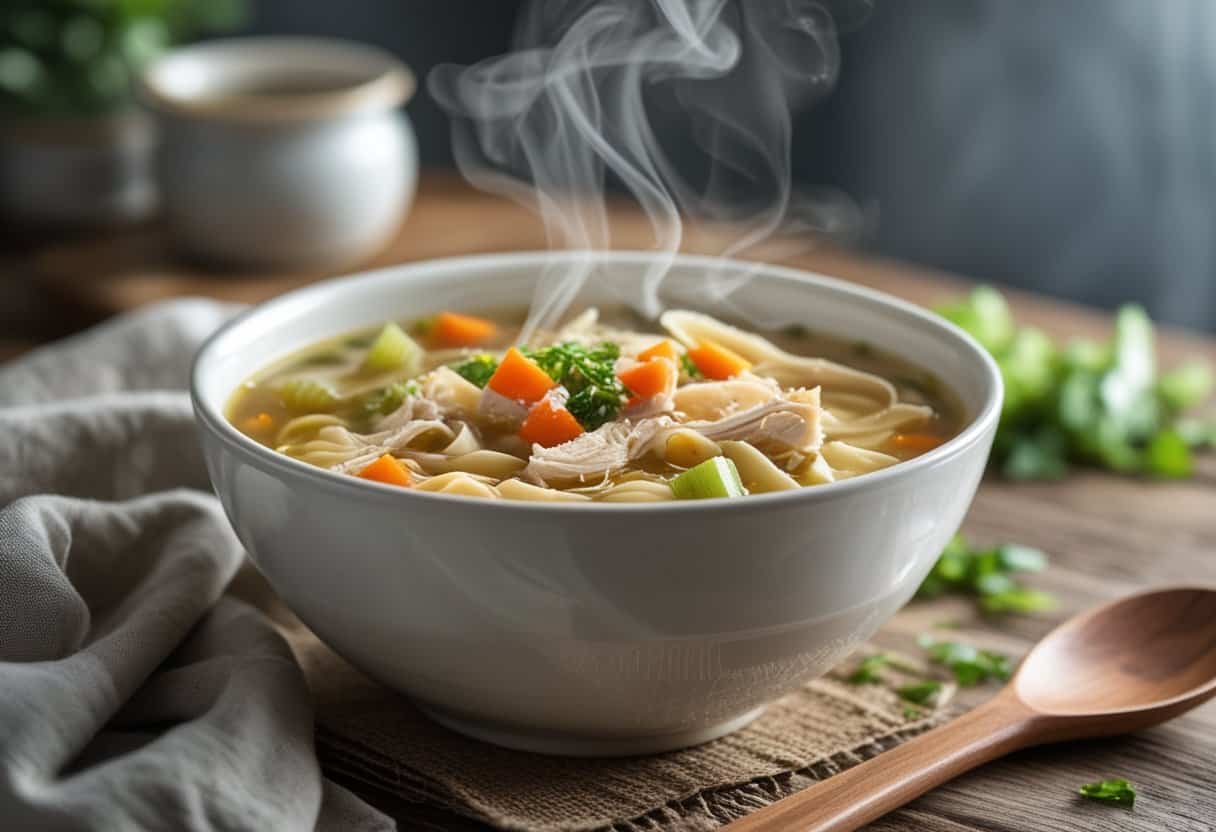 A bowl of chicken noodle soup with chicken, noodles, carrots, and celery on a wooden table with a napkin and spoon nearby.