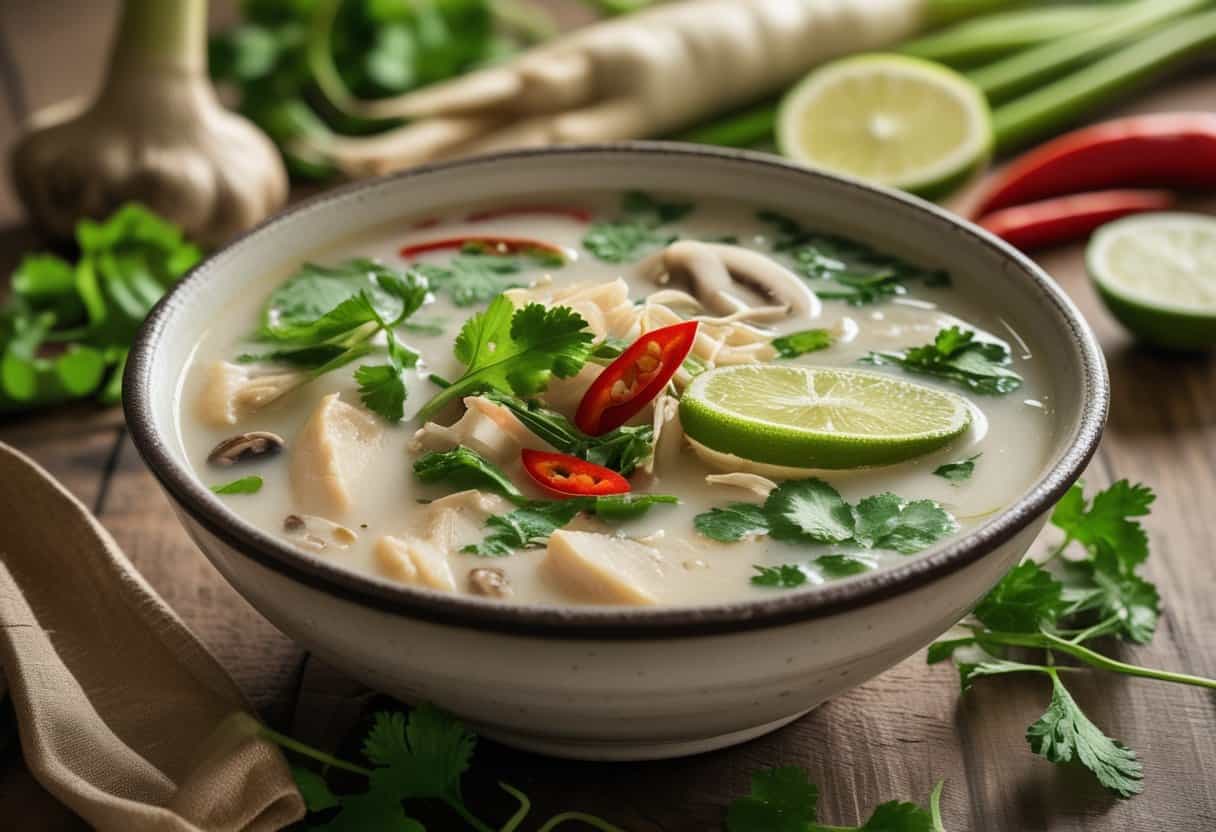 A bowl of Thai Tom Kha Gai soup with chicken, mushrooms, herbs, and spices on a wooden table surrounded by fresh ingredients.