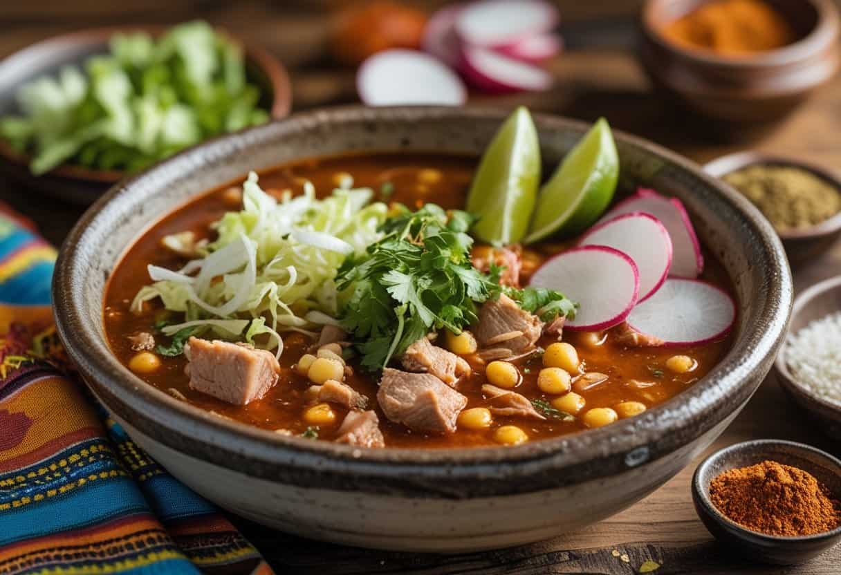 A bowl of traditional Mexican pozole soup with pork, hominy, and garnishes on a wooden table.