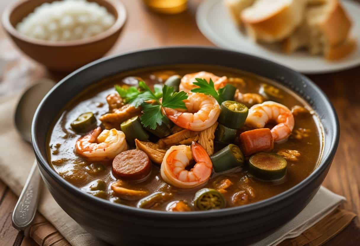 A bowl of traditional Louisiana gumbo with shrimp, sausage, chicken, and okra on a wooden table with rice and bread on the side.