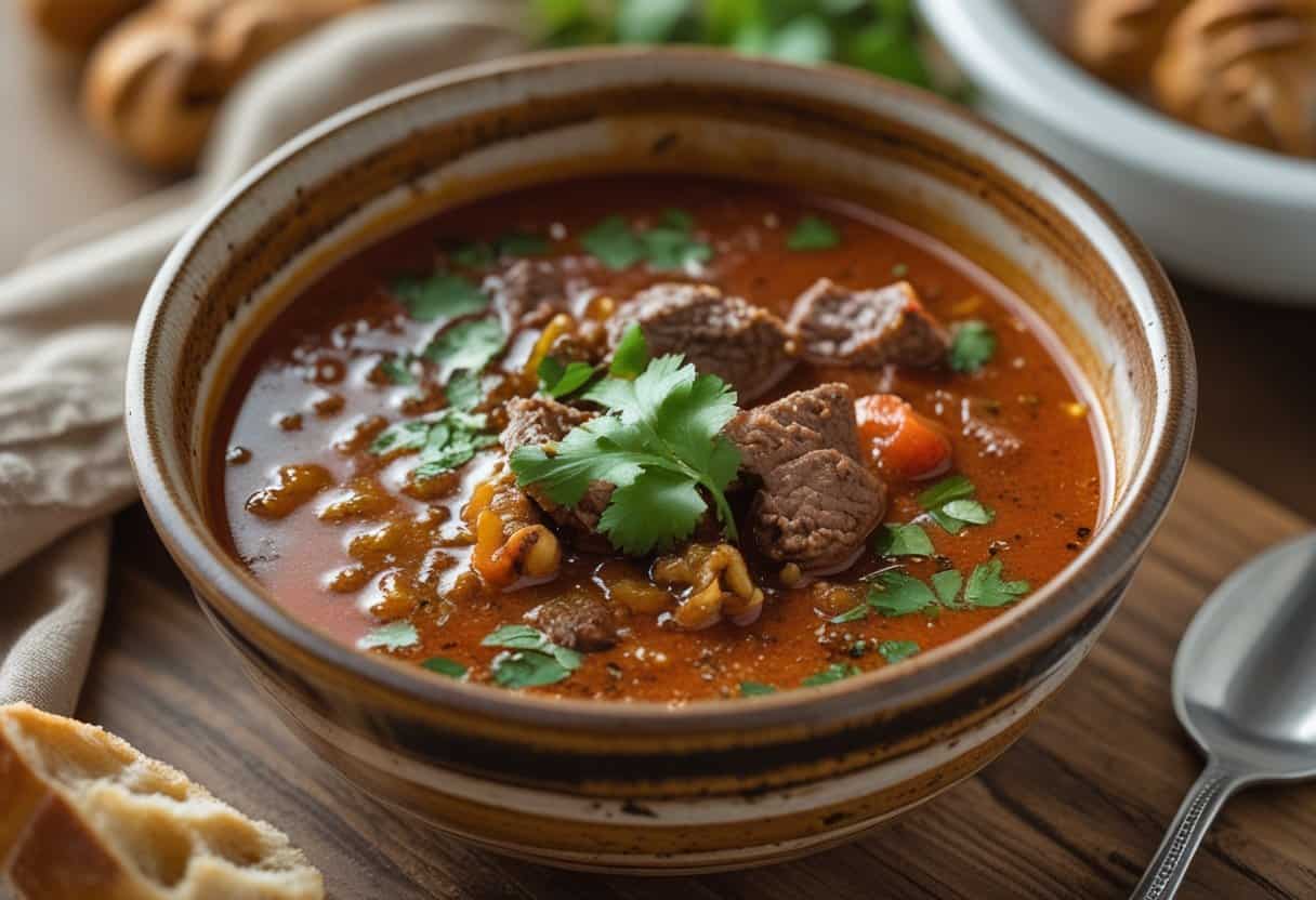 A bowl of traditional Georgian Kharcho soup with beef, herbs, and bread on a wooden table.