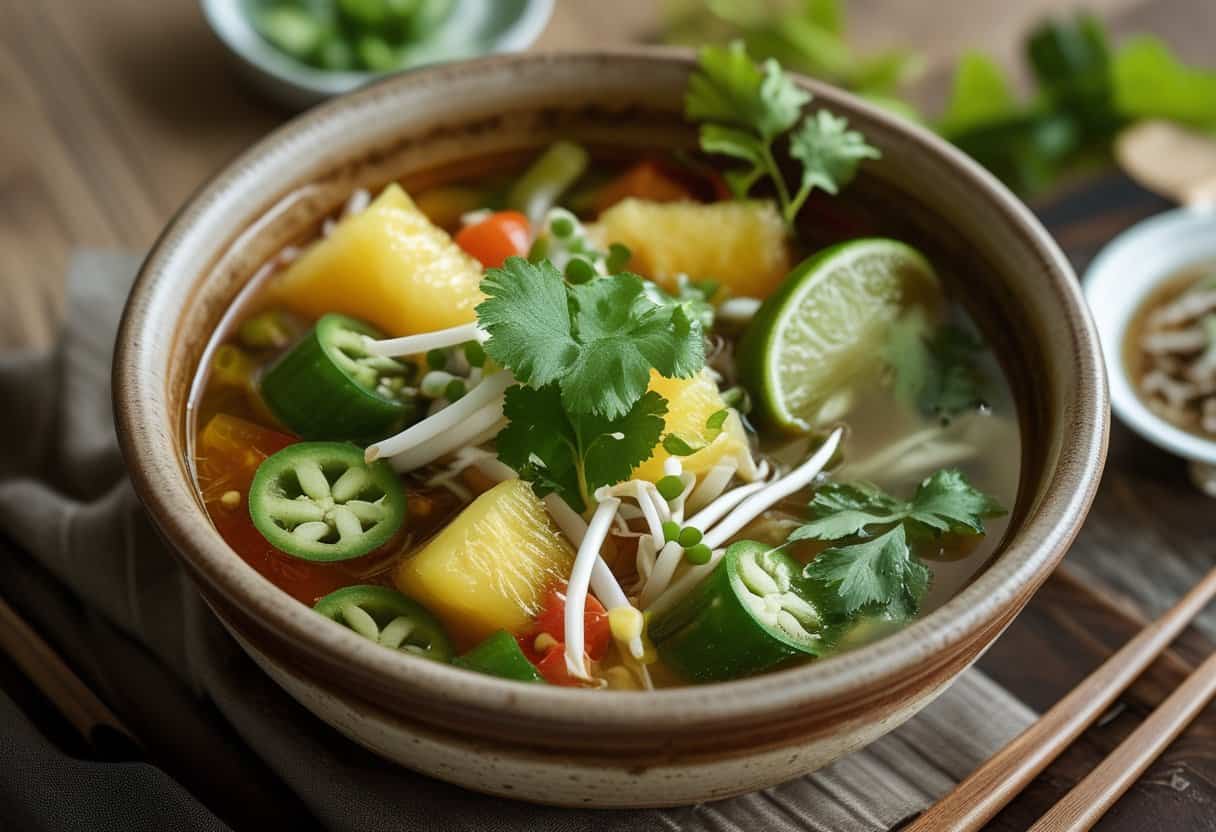 A bowl of Vietnamese sour soup with fish, pineapple, tomatoes, okra, and fresh herbs on a wooden table.