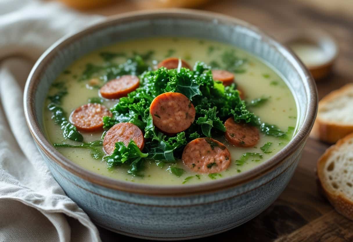 A bowl of green Caldo Verde soup with kale and chorizo, served with a slice of bread on a wooden table.