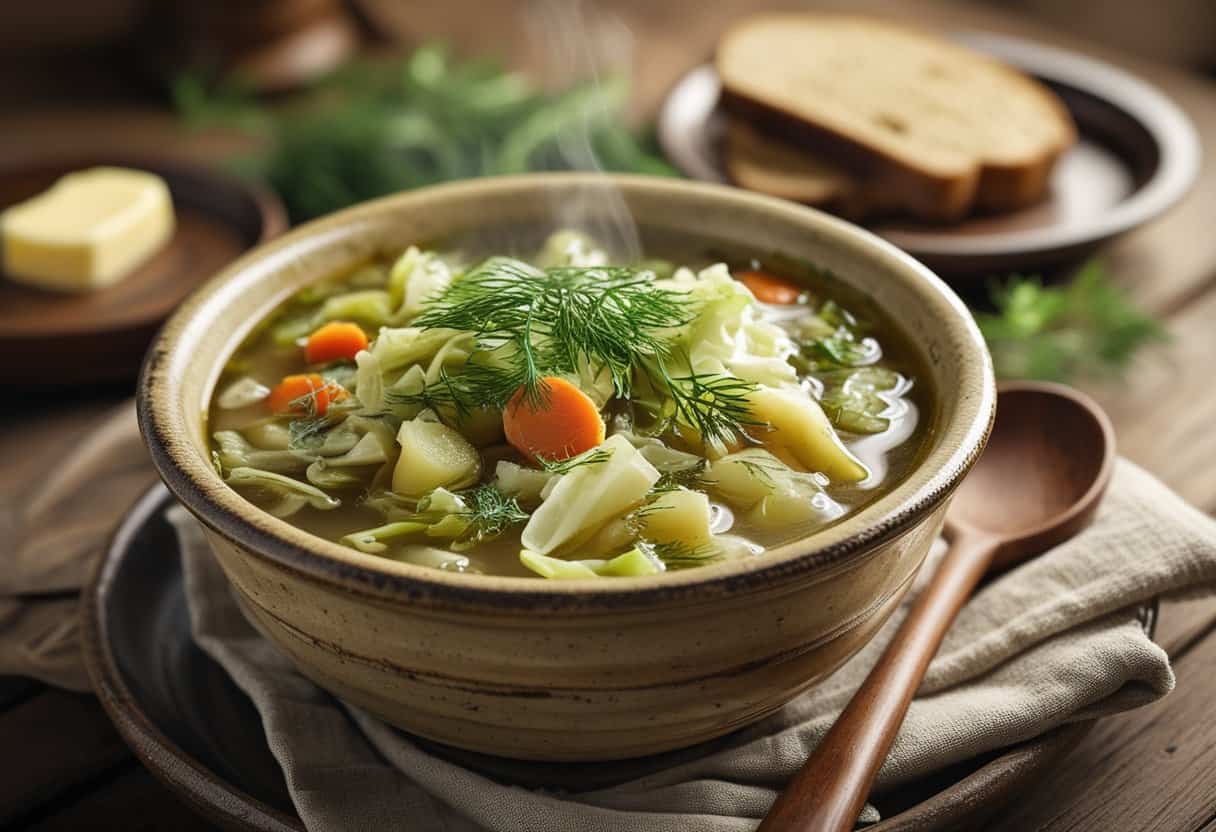 A bowl of steaming Russian cabbage soup with vegetables, served with rye bread and a wooden spoon on a wooden table.