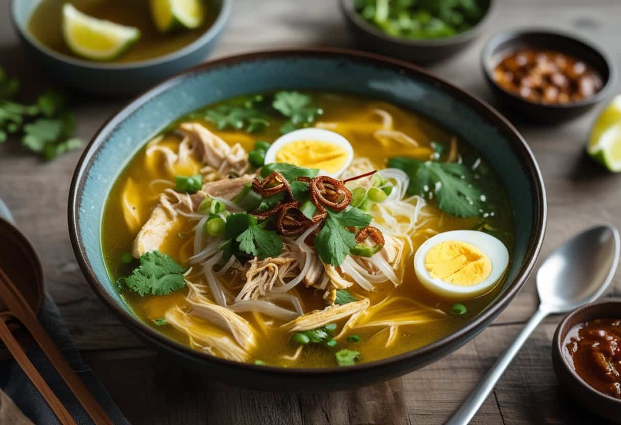 A bowl of Soto Ayam, Indonesian chicken soup with yellow broth, shredded chicken, boiled eggs, noodles, and fresh herbs on a wooden table.