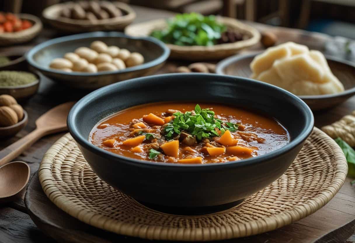 A bowl of rich Banga soup with fufu on a wooden table, surrounded by traditional Nigerian ingredients and utensils.