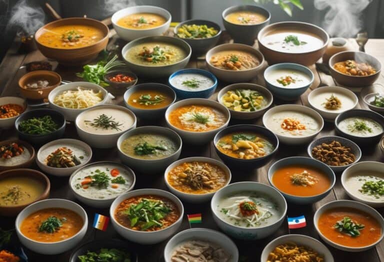 A large table filled with thirty different bowls of soup from various cultures, each with distinct ingredients and colors, arranged attractively with cultural decorations around them.