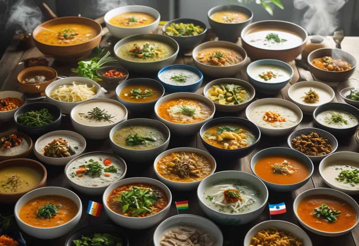 A large table filled with thirty different bowls of soup from various cultures, each with distinct ingredients and colors, arranged attractively with cultural decorations around them.