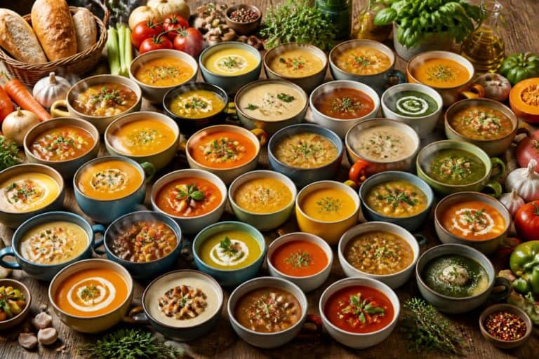 A table filled with various bowls of colorful soups surrounded by fresh vegetables, herbs, and bread.