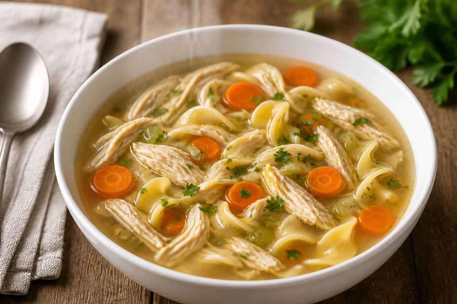 A bowl of classic chicken noodle soup with chicken, noodles, carrots, and celery on a wooden table.