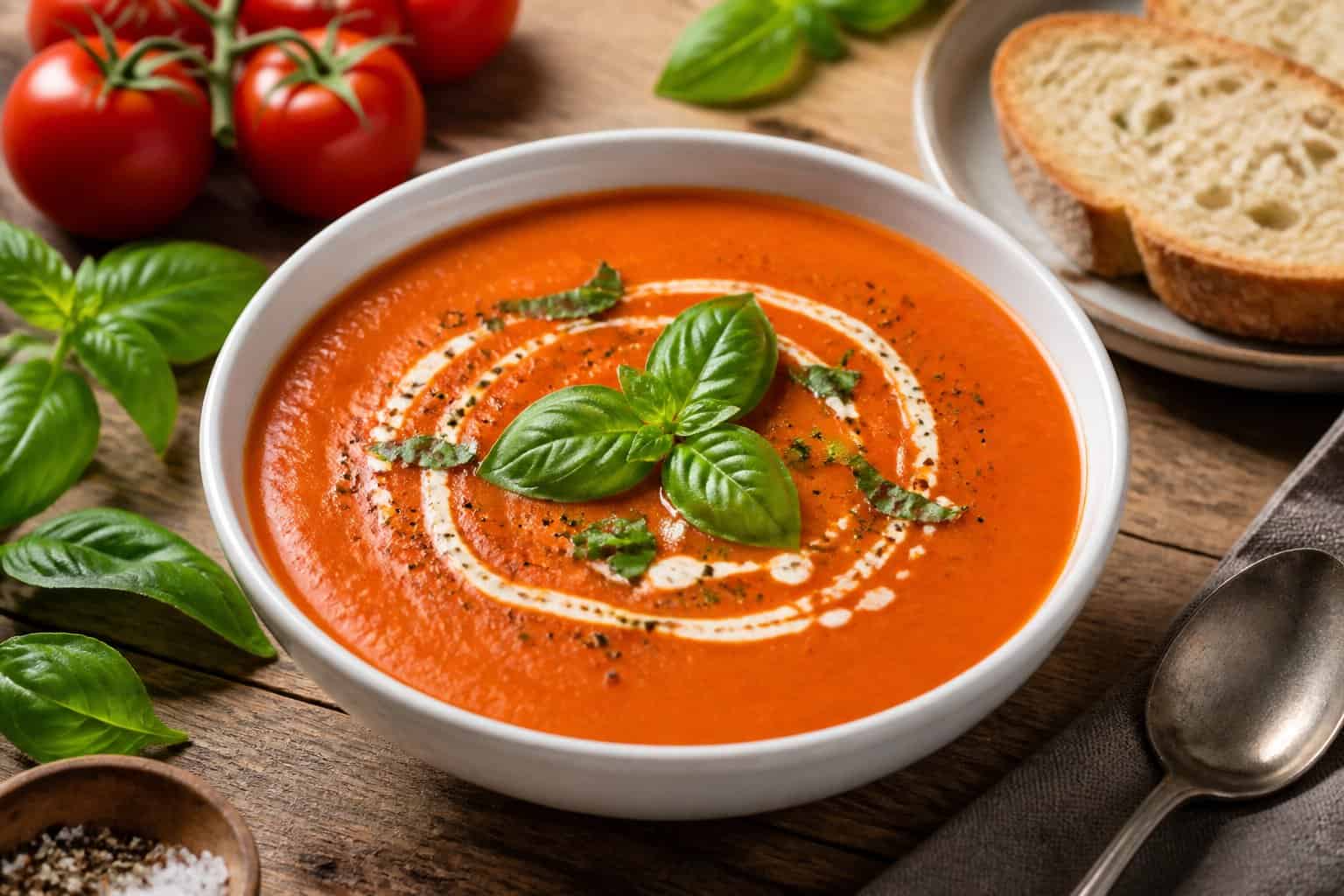 A bowl of creamy tomato basil soup garnished with basil leaves and cream, placed on a wooden table with fresh tomatoes, basil, and bread nearby.