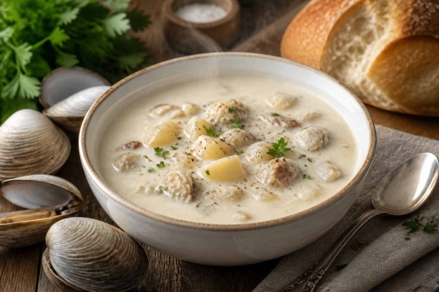 A bowl of creamy New England clam chowder with clams and potatoes on a wooden table, accompanied by clamshells and bread.