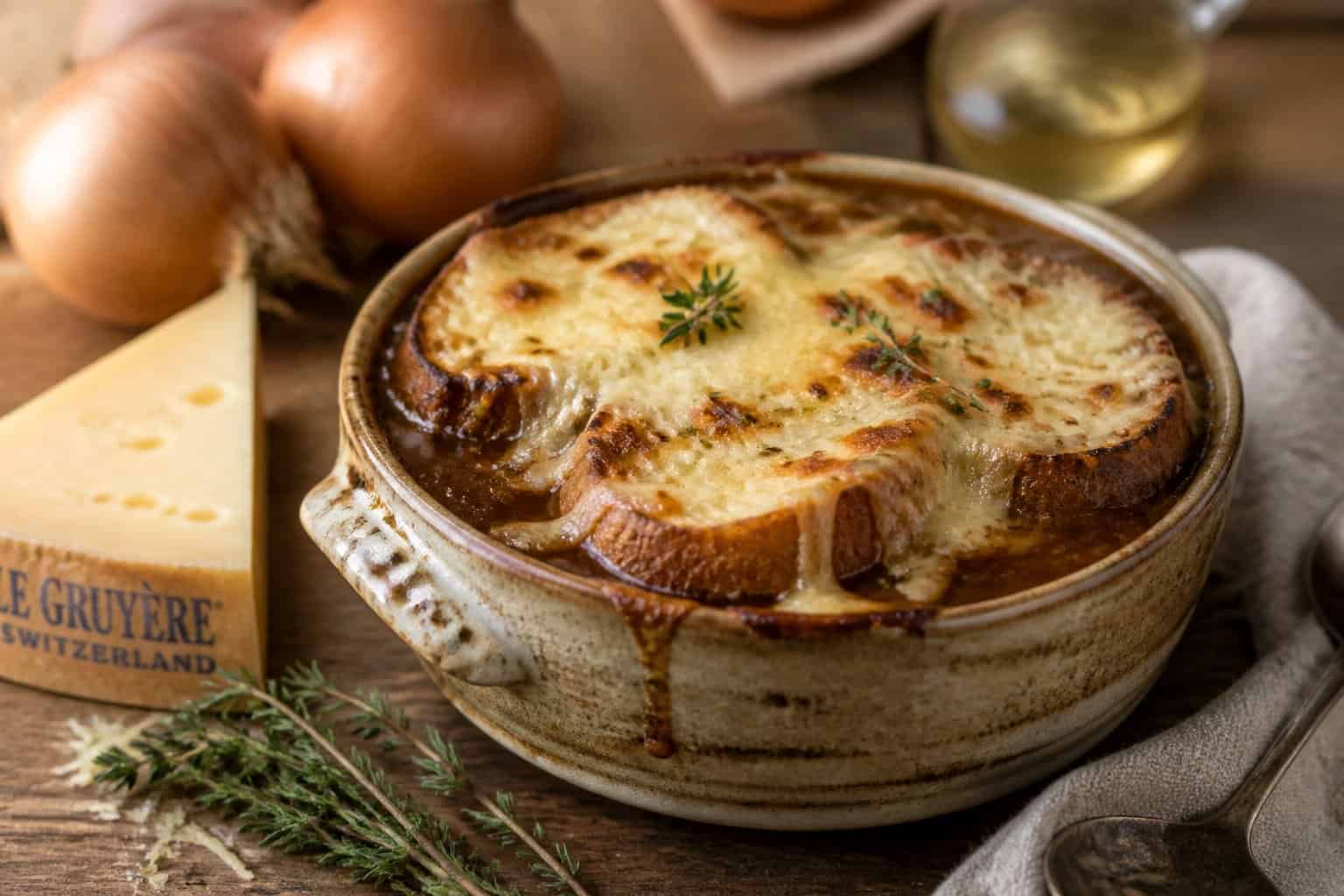 A bowl of French onion soup topped with melted Gruyère cheese on a wooden table with fresh onions and cheese nearby.