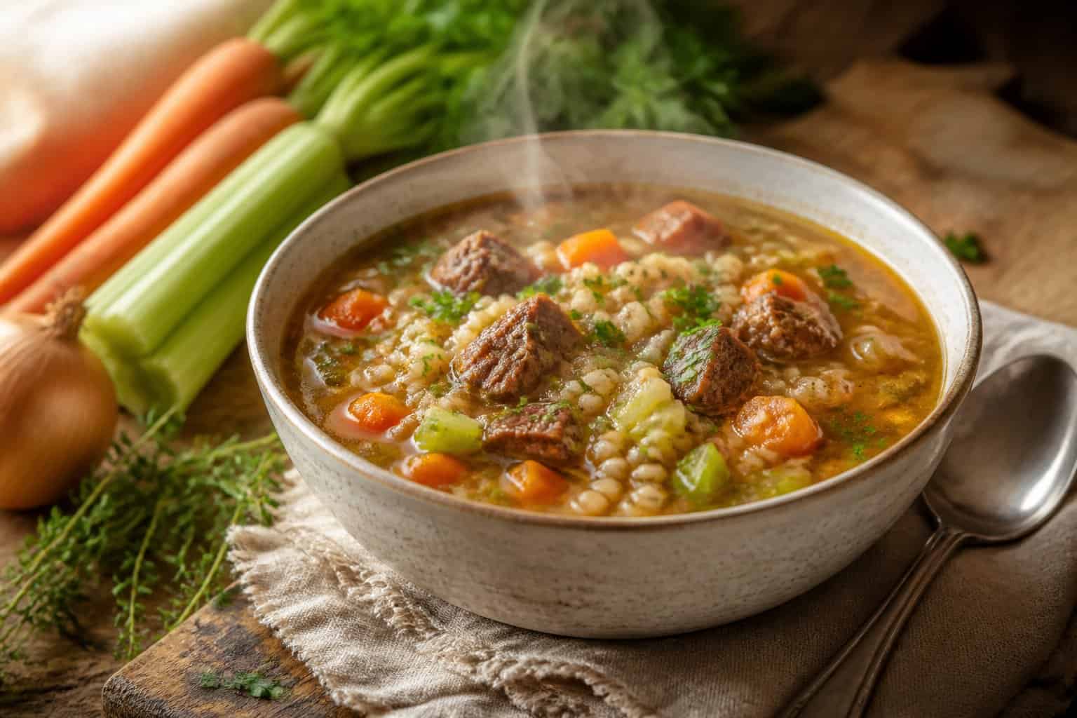 A bowl of beef barley soup on a wooden table with fresh vegetables and herbs around it.