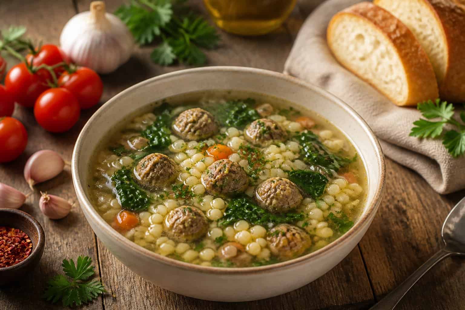 A bowl of Italian wedding soup with meatballs, greens, and pasta on a wooden table with fresh ingredients nearby.