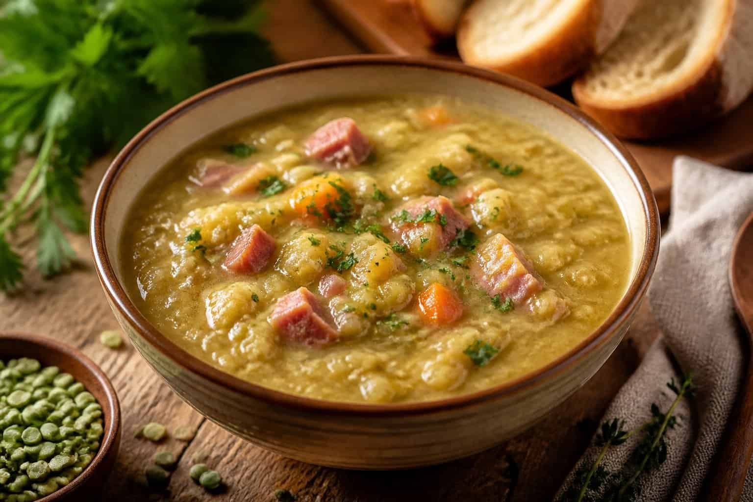 A bowl of split pea and ham soup garnished with herbs on a wooden table with bread and ingredients nearby.
