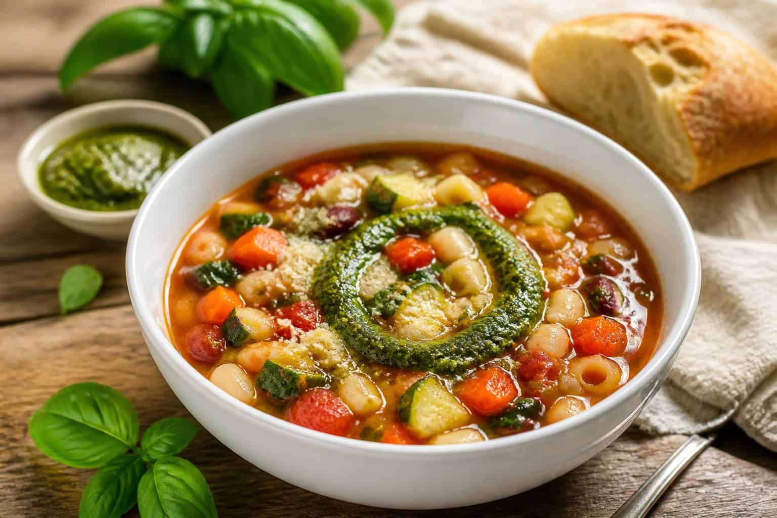 A bowl of minestrone soup topped with green pesto, surrounded by fresh basil and bread on a wooden table.