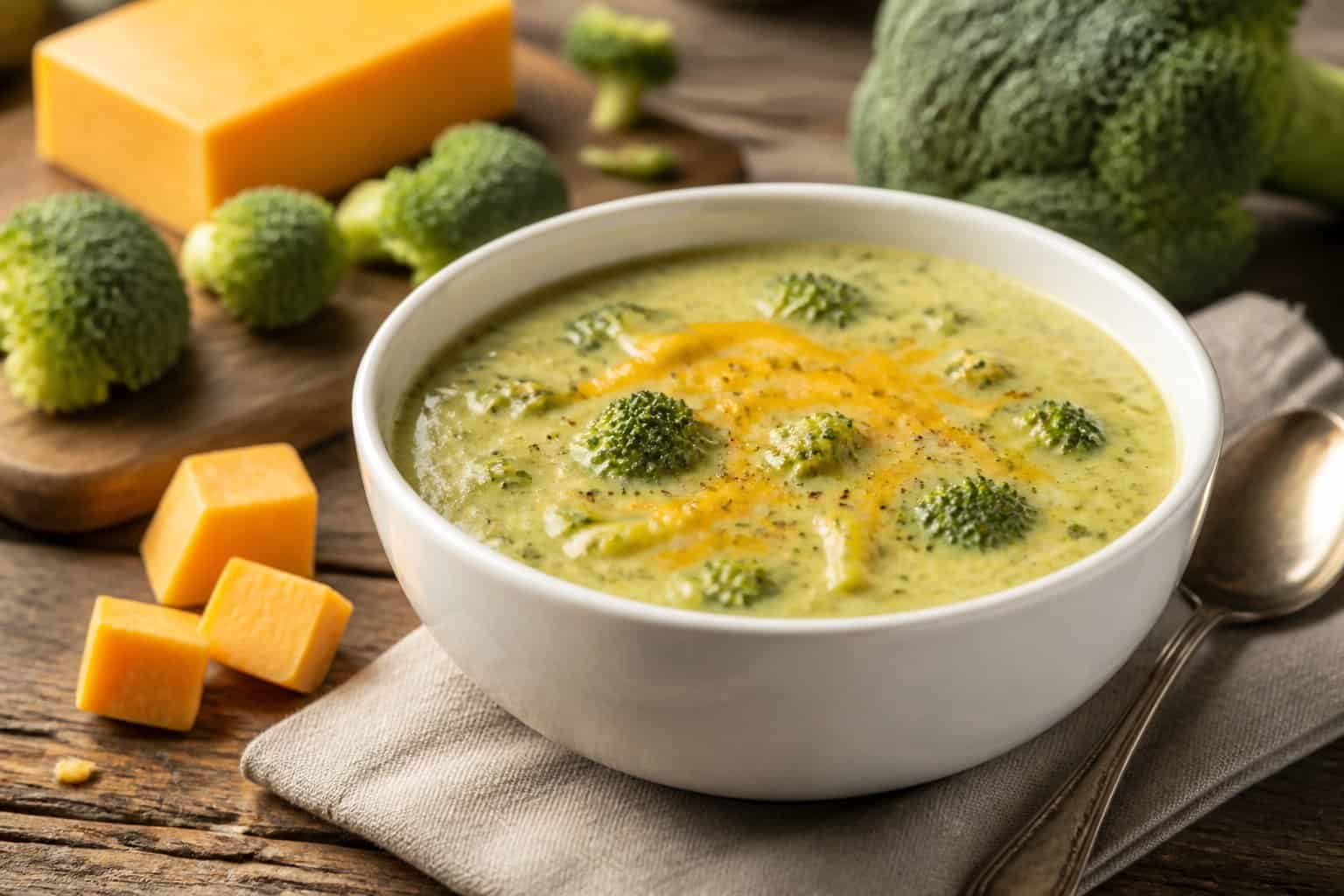 A bowl of broccoli cheddar soup with broccoli and cheddar cheese on a wooden table, accompanied by fresh broccoli and a spoon.
