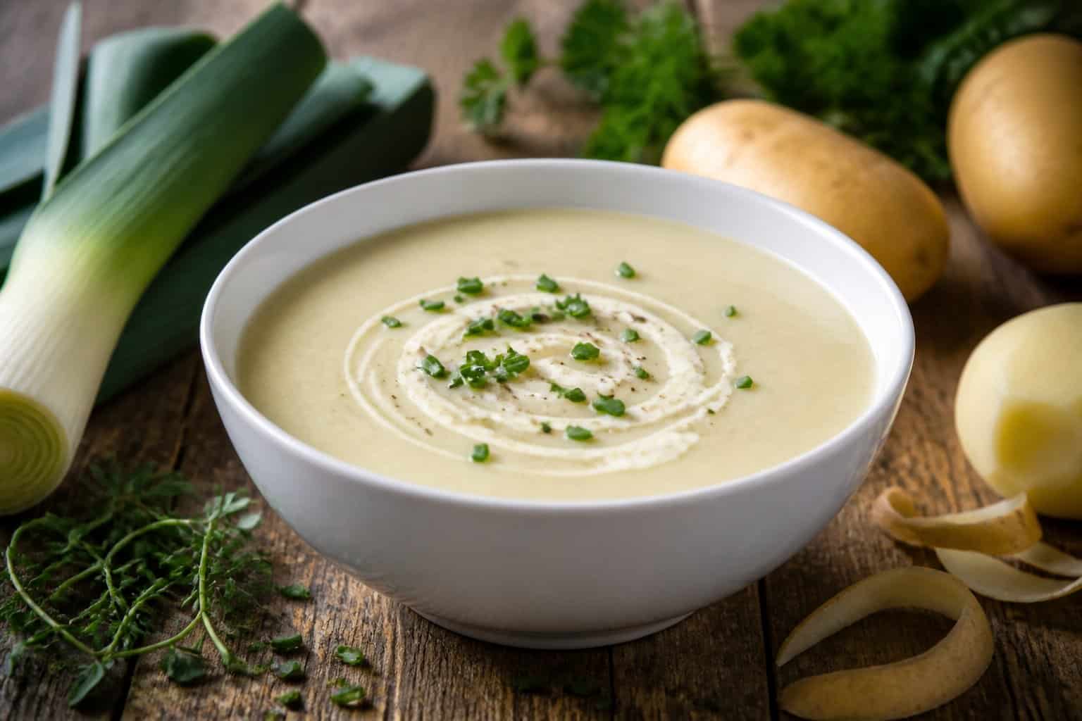 A bowl of creamy potato leek soup garnished with chopped chives, surrounded by fresh leeks and potatoes on a wooden table.