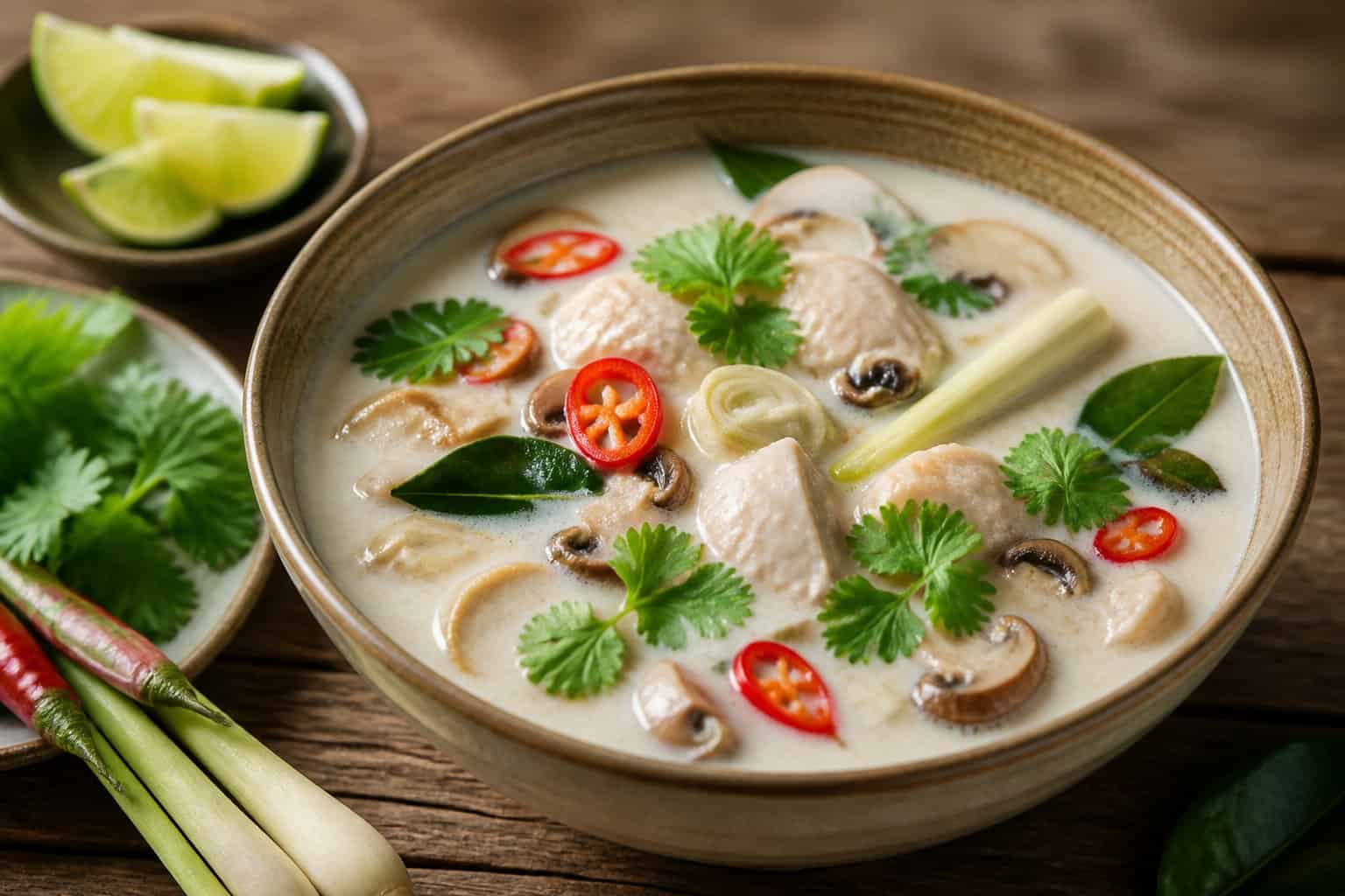 A bowl of Thai Coconut Chicken Soup with chicken, mushrooms, herbs, and chili on a wooden table.