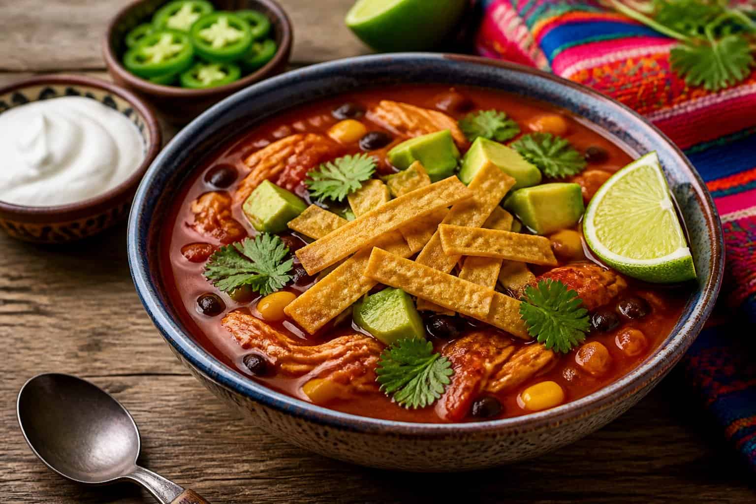 A bowl of Mexican tortilla soup garnished with tortilla strips, cilantro, avocado, and a lime wedge on a wooden table.