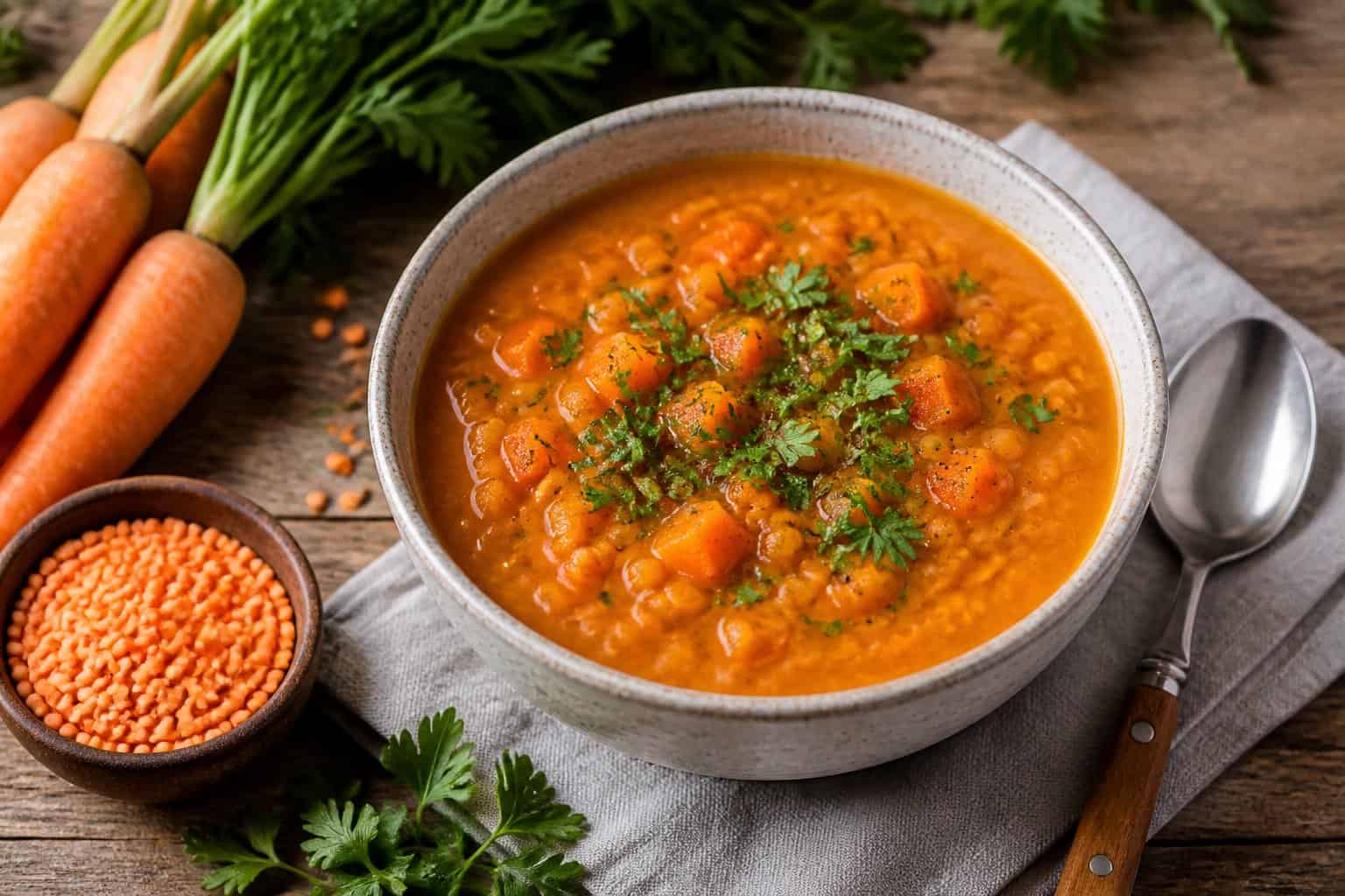 A bowl of lentil and carrot soup garnished with fresh herbs on a wooden table with carrots and lentils nearby.