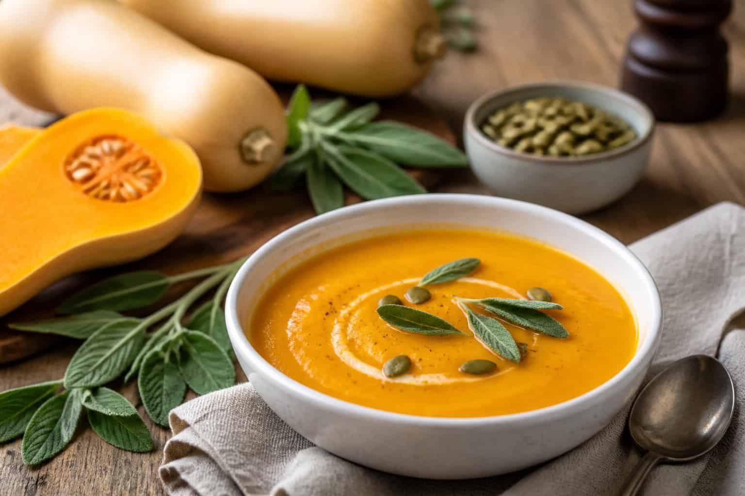 A bowl of butternut squash soup garnished with sage leaves on a wooden table with fresh squash and herbs nearby.