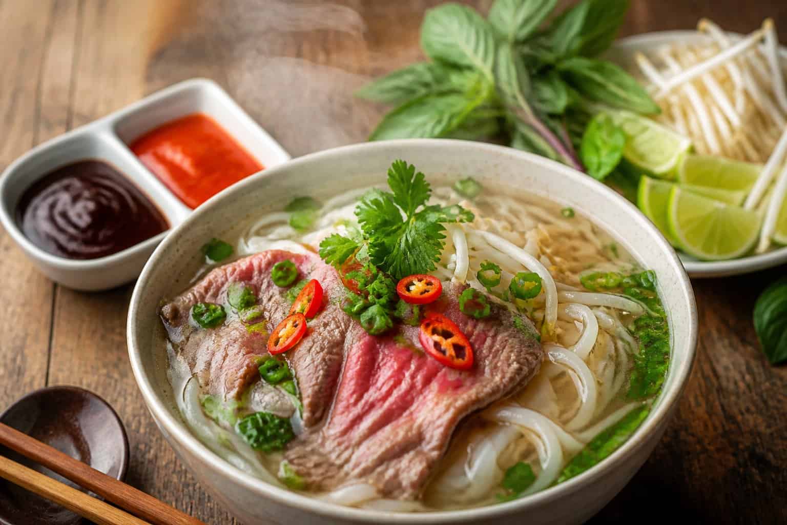 A bowl of Vietnamese beef noodle soup with beef slices, noodles, herbs, and lime wedges on a wooden table.