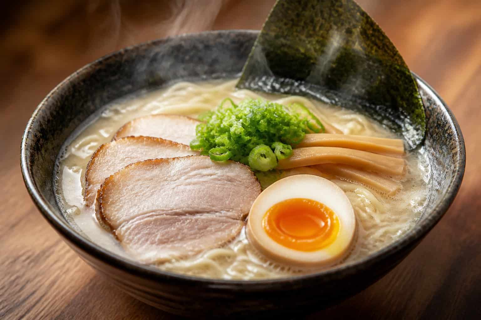 A bowl of Tonkotsu ramen with noodles, pork slices, soft-boiled egg, green onions, bamboo shoots, and seaweed on a wooden table.